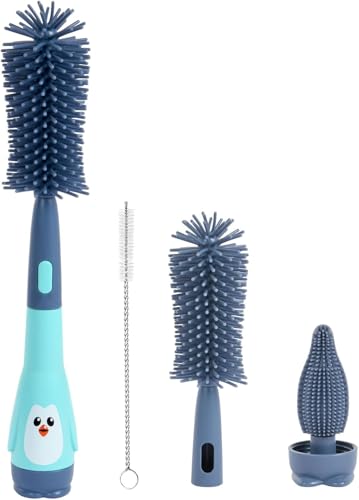 Baby Bottle Cleaning Brush 3 in 1 Bottle Cleaning Brush Lollipop Cleaning Brush Pacifier Cleaning Brush Silicone Baby Penguin Shape Suitable for All Kinds of Bottles and Cups (Blue)