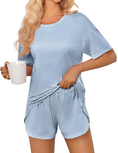 Image of JUSTFASHIONNOW Womens Pajama Sets Shorts Striped Print Two Piece Lounge Sets Crew Neck Sleepwear Split Shorts Set Soft Pjs
