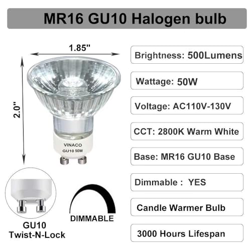 Image of Vinaco 2Pack GU10 50W Halogen Bulbs, GU10+C MR16 120V Dimmable Warm White Glass Lamp, Long Lifespan for Recessed Can, Track, Kitchen Hood, Bathroom Cabinet Spotlight