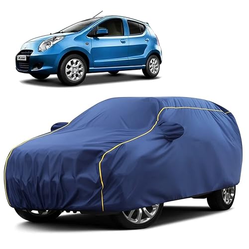 Image of Sulfar 100% Water Resistant Car Body Cover Compatible with Mirror for Maruti Suzuki A-Star (Triple Stitched, Full Bottom Elastic, Blue Taffeta with Yellow Piping)