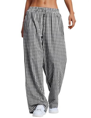 Image of Rapbin Womens Plaid Lounge Pants Super Soft Ladies Cotton Trendy Pj Bottoms Casual Trousers with Pockets Black-White