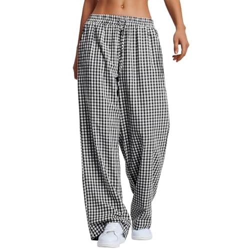 LOMON Striped Gingham Pants Women 2026 Spring Summer Pajamas Wide Leg Pj Lounge Boxer Bottoms Y2k Trousers with Pocket Black White Plaid XX-Large