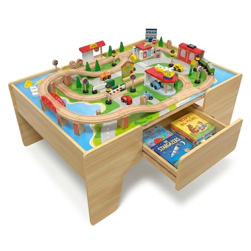 Wooden Train Set & Table for Toddlers Reversible Activity Table with Storage Drawer Compatible with Thomas Birthday Gift for Kids Ages 3-7