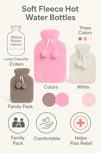 3-Pack Hot Water Bottle with Soft Fleece Cover Ribbed Rubber Design, Leak-Proof, Reusable Heat Therapy for Pain Relief & Warmth - Durable & Soft (2L with Cover) - Image 8