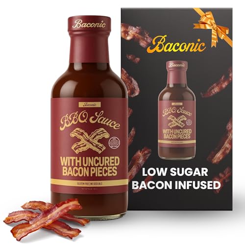 Baconic BBQ Sauce with Real Bacon Bits – Low Sugar, Rich & Smoky Barbecue Sauce – Healthy, Gluten-Free, Perfect for Grilling, Dipping & Marinating – 12oz Glass Bottle