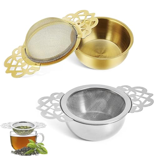 2 Pack Tea Strainer for Loose Leaf Tea, Tea Mesh Strainer for Loose Tea, Fine Mesh Tea Strainers with Bowl (One gold One silver)