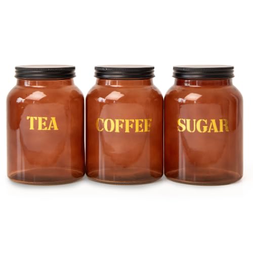 FABFINDS Tea Coffee Sugar Canister Set Airtight Glass Storage Canister Jars 3 Piece