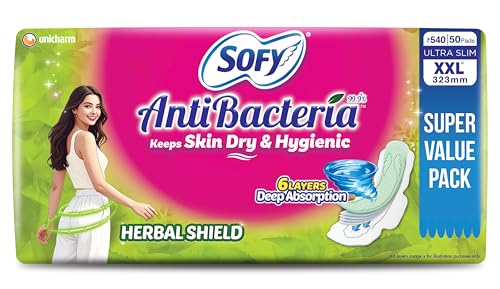 Image of Sofy AntiBacteria XXL - 323mm | 50 Count pads | For Women Sanitary Pads | Keep Skin Dry | 6 Layer Deep Absorption | Herbal Shield | Hygiene & Herbs | X-Large