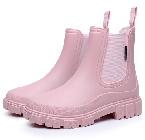FOGOIN Wellington Boots Women Ankle Wellies Ladies Short Chelsea Booties Waterproof Rain Boots Slip-on Pink 5UK/38EU