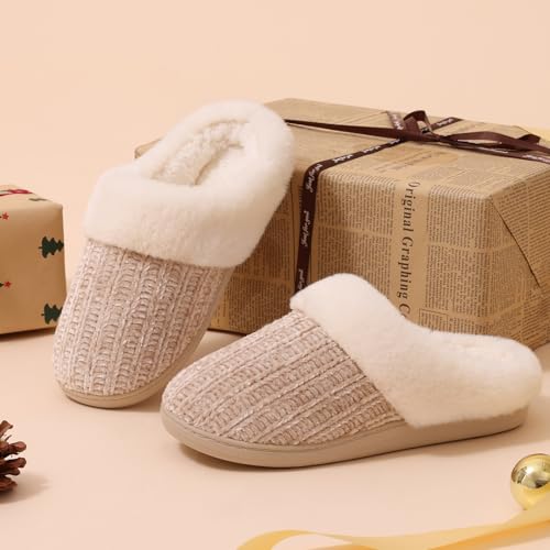 Image of Evshine Warm Knit House Slippers for Women Comfy Wool-Like Lined Chenille Slippers with Memory Foam and Indoor Outdoor Soles