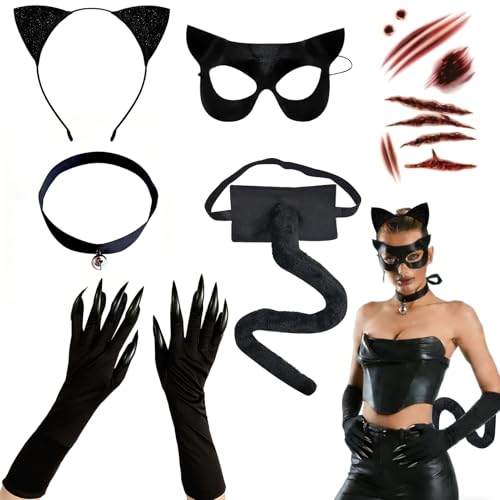 GOTRUST 6pcs Déguisement Chat Noir Adulte, Catwoman Accessoires Femme, Deguisement Cat Woman Accessoire, Chat Cosplay Set pour Jeux de Rôle Halloween et...