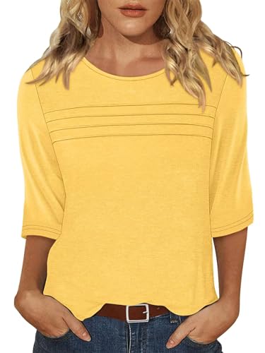 KISSMODA Women's Casual 3/4 Sleeve T-Shirts Round Neck Cute Tunic Tops Basic/Pleated Summer Tops Trendy Spring Blouses