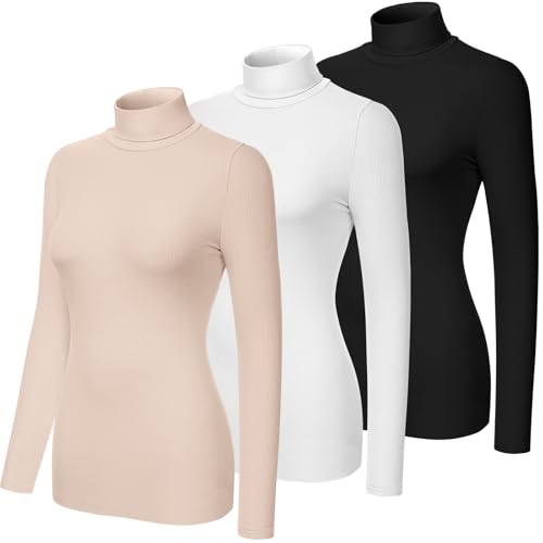 Image of Riyiper 3 Pack Women Ribbed Turtleneck Shirt Rayon Top Knit Lightweight Long Sleeve Top Casual Soft Base Layer Top