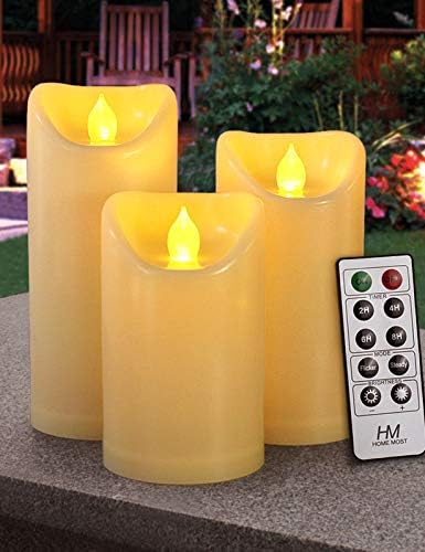 HOME MOST Set of 3 Outdoor Pillar Candles with Timer Waterproof - Battery Operated LED Pillar Candles with Remote 3x5 3x6 3x7 - Cream Plastic Flickering Flameless Pillar Candles Unscented for Outside