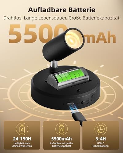 EZVALO Kabellose Spotlight 5500mAh, 3 Farben Dimmbar Wandspot mit Fernbedienung & Timer-Funktion, 350° Drehbare Aufladbare Wandlampe für Bilderbeleuchtung Pflanzenbeleuchtung (Schwarz, 1 Stück)