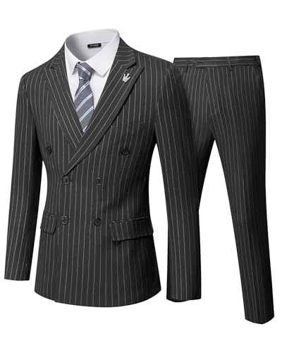Men's 2 Piece Double-Breasted Suit, Slim Fit Stripe Tuxedo Set with Tie, Party Wedding Dress Blazer, Tux and Trousers, Black