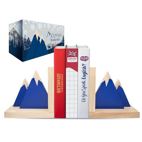 Decorably Blue Mountain Book Ends for Kids Books - 1 Set Non-Skid Wooden Bookends for Kids, Book Ends for Shelves, Kid's Room, Baby's Nursery,...