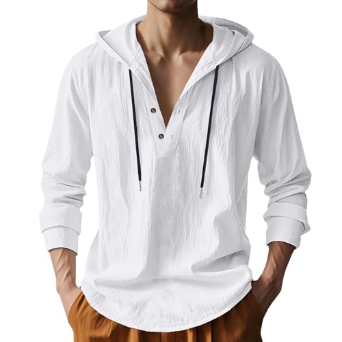Mens Cotton Linen Hoodies Long Sleeve Button Down Shirts Casual Hawaiian Beach Yoga Sweatshirts