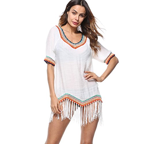 Sannysis Bohemio Borla De Las Mujeres Traje de baño Beachwear Bikini Cover Up Loose Beach Cover Up Cárdigan Playa Mujer Elegantes Verano Gasa Kimono (Blanco)