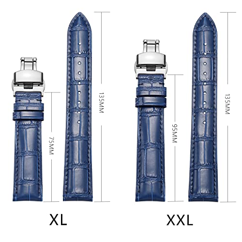 MUENShop Extra Long XXL Strap Genuine Leather Quick Release 18mm 19mm 20mm 21mm 22mm Large Size Crocodile Leather Black Brown Blue Band