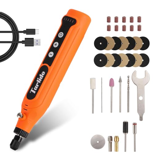 Tarlido Cordless Rotary Tool 5-Speed Rotary Tool Kit Continuous Use While Charging Permanent Speed Memory 2.0Ah Capacity 18000RPM 31 Accessories for Craft and DIY Orange