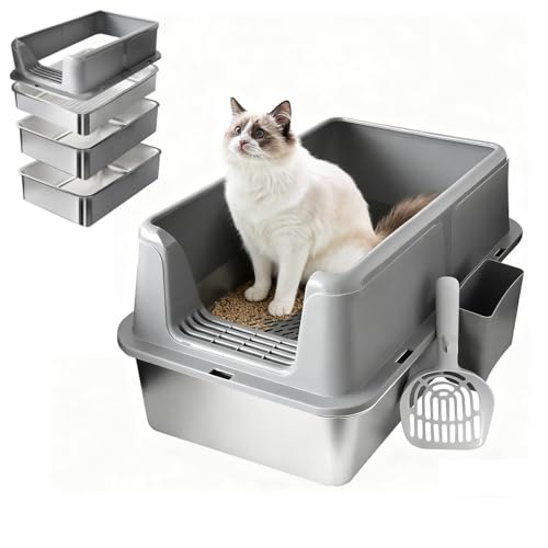 Stainless Steel Litter Box for Pine Pellets and Clay Litter, 24' x 16' x 12' Extra Large Cat Litter Box, High Side Metal Litter Box for Big Cats(2 Storage Pans&1 Sift Pan)