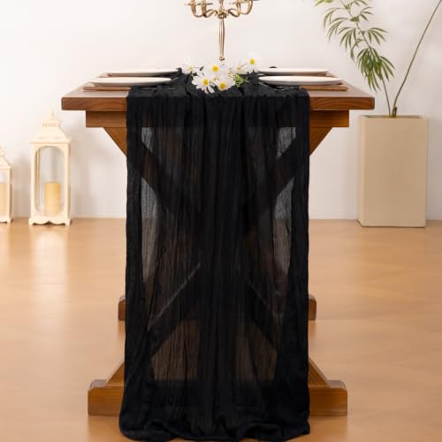Image of Socomi 10pcs Black Cheesecloth Table Runner Boho Rustic Gauze Summer 120 inch 10FT Cheese Cloth Sheer Runner for Wedding Party Baby Shower Birthday Home Decor Holiday Decorations
