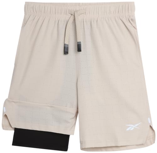 Reebok Boys Shorts - 2 in 1 Basketball Shorts with Compression Liner and Pockets - Gym and Running Boys Athletic Shorts, Size 8, Bone