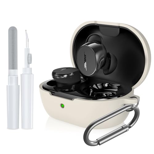 for Bose New QuietComfort Earbuds Case Cover, Soft Silicone Case for Bose New QuietComfort Earbuds 2024, Shockproof Protective Skin Cover with Cleaner Kit & Carabiner (Off White)