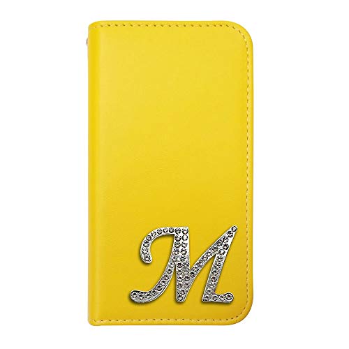 sslink BASIO4 KYV47 ベイシオ4 / かんたんスマホ2 A001KC 対応 手帳型 スマホケース (イエロー) ベルトなし レザー イニシャルM デコ ラインストーン キラキラ シルバー ストラップホール ストラップ穴 かわいい おしゃれ
