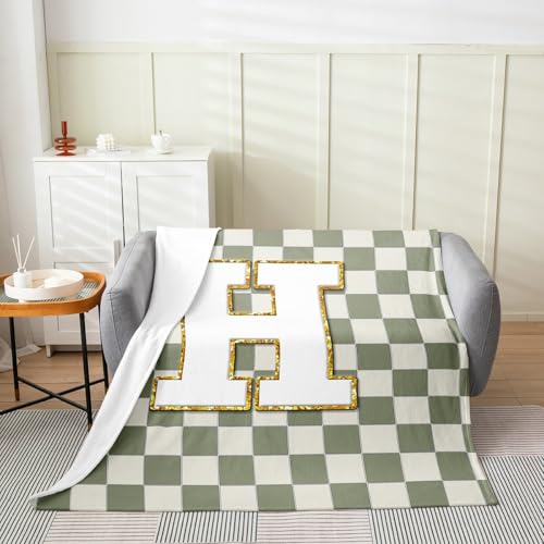 Image of Erosebridal Sage Green Checkered Fuzzy Plush Throw Plaid Initial H Fleece Blanket Personalized Monogram Flannel Blanket for Kids Boys Girls,Fashion Grids Gingham Decor for Bed Couch Baby 30 inchx40 inch
