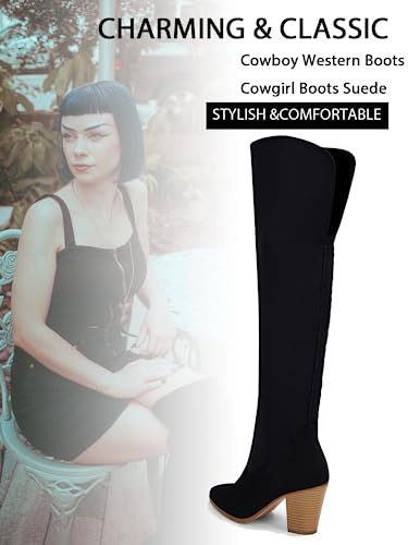 Womens Cowboy Knee High Boots Chunky Block Heel Pointed Toe Over The Knee Long Cowgirl Boots Faux Suede Western Boots Tall Riding Boots #TOP2