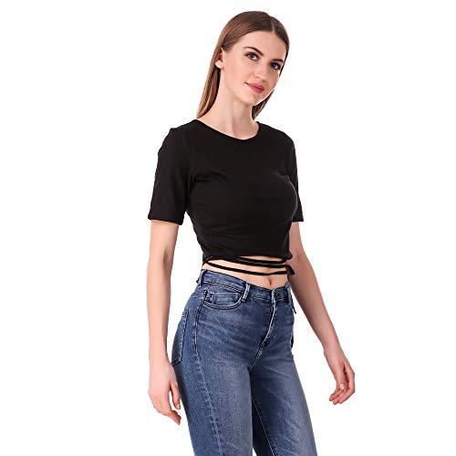 Image of Crop Tops for Women Stylish Clothing top-Tshirt for Girls with Finest Black Color Slim fit with tieup Half Sleeves Pack of 1