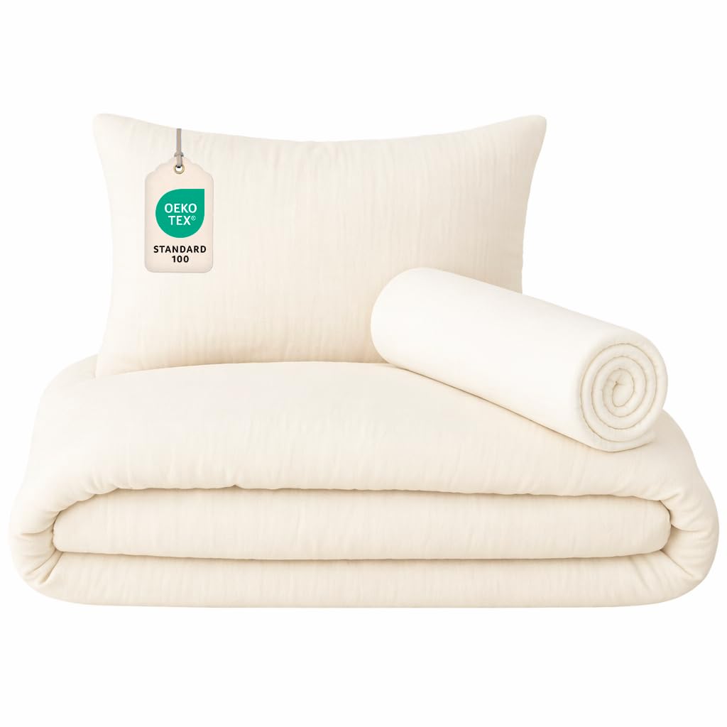 Drap Housse 80x160 cm + Housse de Couette (100% Mousseline Coton) 120x170cm + Taie Oreiller (100% Mousseline Coton) 40x60cm - Parure 3Pcs 80x160 cm - Douce et aérée (Blanc, 80 x 160 cm)