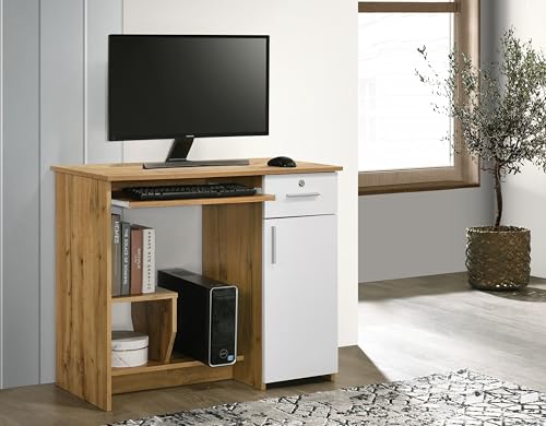 Image of DeckUp Nobu Home Engineered Wood Study Table and Office Desk (Wotan Oak & White, Matte Finish)