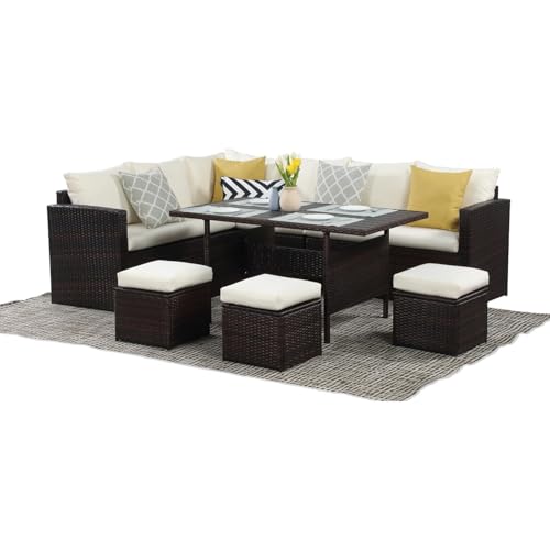 Image of DEVOKO 6 PCS L-Shape Patio Rattan Dining Set with Cushioned Chairs, Ottomans & Wood Dinning Table Top for Porch, Lawn, Garden, Backyard (Dark Brown & Off-White)