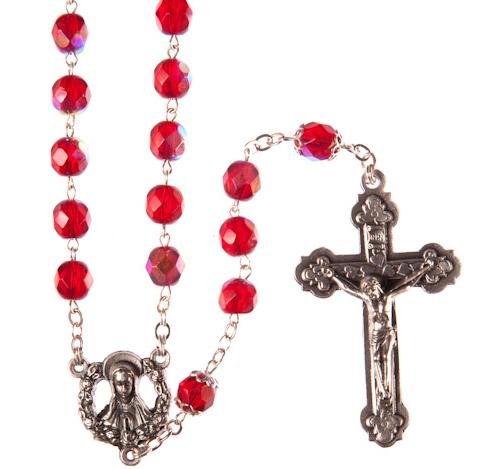 Rosary Ruby Red Beads. Hand Made Beads. Metal Crucifix and Our Lady Centre. Traditional Catholic