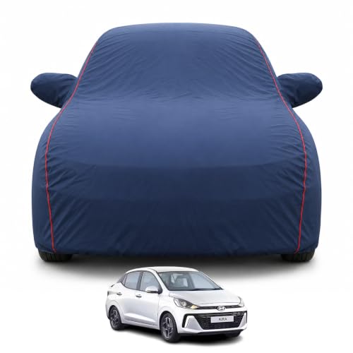 Image of Compatible with Hyundai's Aura 2020-2026 Models 100% Waterproof Car Cover for All Weather Protection Mirror & Inner Cotton Triple Stitched Cover, Adjustable Belt Bottom Elastic (Navy Blue)