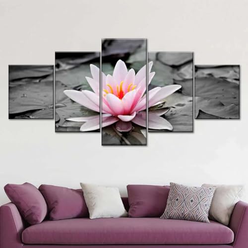 Tableau decoration murale fleur de lotus rose en 5 parties pour grand salon moderne ZQSYFEWET