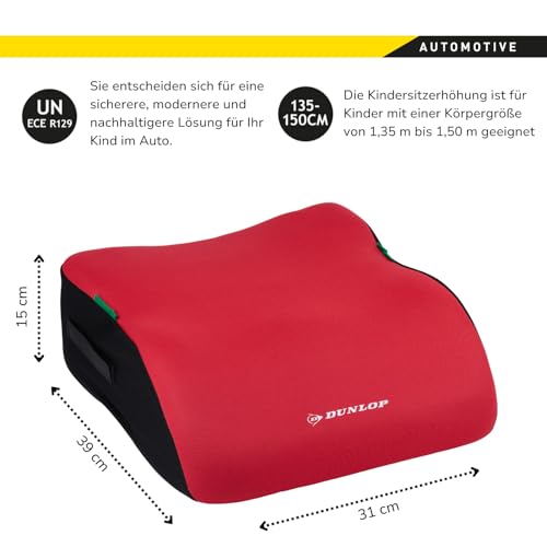 Dunlop Sitzerhöhung Auto Kinder 135-150cm - ECE R129 - Ergonomischer Kindersitz - Waschbarer Bezug - Rot – Ansicht 3