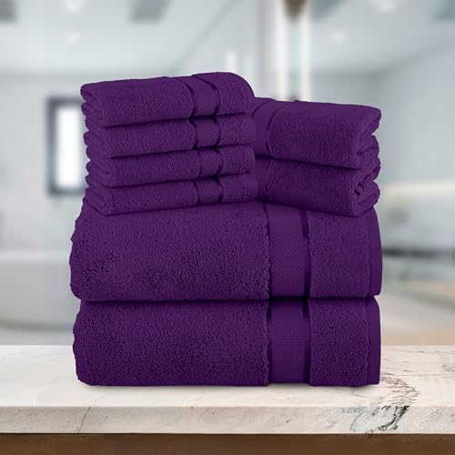 Image of Elegant Comfort Premium Cotton 8-Piece Towel Set, Includes 4 Washcloths, 2 Hand Towels and 2 Bath Towels, 100% Turkish Cotton - Highly Absorbent and Super Soft Towels for Bathroom, Purple