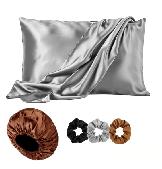 Image of Satin Pillow Cover with Silk Bonnet & 3 Premium Scrunchies - Hair & Skin Care Set for Women - Anti-Frizz Sleeping Combo - Gift Pack (Gray)