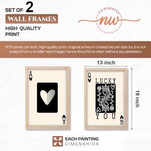 Image of NoWorries Typography Playing Cards Wall Art Framed Painting | Lucky Ace and Queen Heart Card Art Prints | Minimal Black & White Aesthetic Wall Decor | Premium 300 GSM Paper Print with Synthetic Wooden Frame | Modern Wall Art for Living Room, Bedroom & Office (Set of 2) (NATURAL, ART-5, 13X19INCHES)