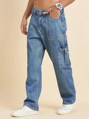Image of STUDIO NEXX Men's Baggy fit Denim Cargo Pants |Non Stretchable| Wide Leg Jeans| Cargo Jeans|Baggy Cargos for Men