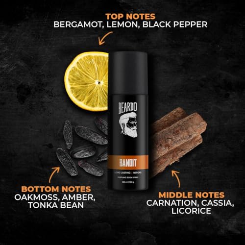 Image of BEARDO Perfume Body Spray For Men - BANDIT, 120Ml | Long Lasting No Gas Deo For Men | Bergamot, Oakmoss, Tonka Bean Notes Deodorant | Christmas Gift | Gift For Friends