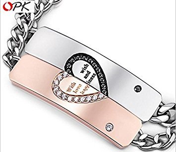 Adecco LLC New Stainless Steel Cubic Zirconia Matching Heart ID Couple Bracelet Link Chain Wrist Valentine Lover Promise