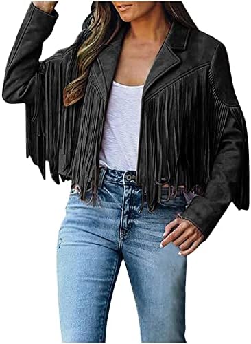 Women's Leather Jacket Faux Suede Fringe Jacket Long Sleeve Lapel Vintage Coats Open Front Tassel Cardigan Black