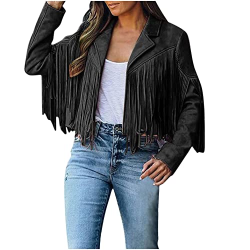 Women's Leather Jacket Faux Suede Fringe Jacket Long Sleeve Lapel Vintage Coats Open Front Tassel Cardigan Black #TOP26