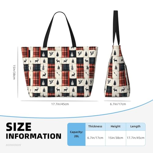 Large Beach Bags for Women Sandproof - Christmas Elk Plaid Print Summer Work Travel Tote Bags with Zipper2