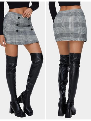 EXLURA Womens Button Bodycon Mini Skirt Sexy Night Club High Waist Elastic Y2K Trendy Short Plaid Skirts3